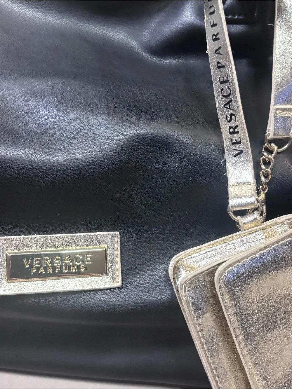 Black Leather Versace ParfumsTote with Silver Accents